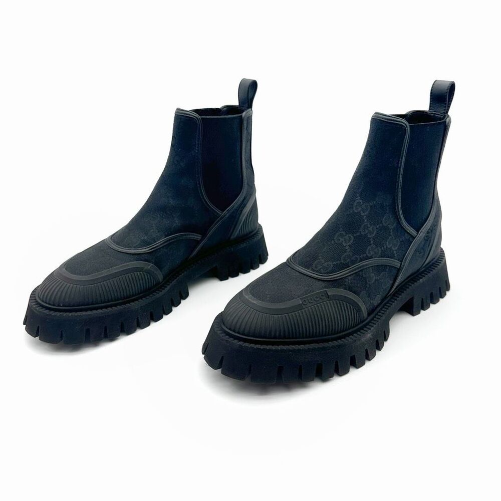 GUCCI Novo GG Monogram Canvas Chelsea Boots Size 39 US 8.5 Black Leather Ankle